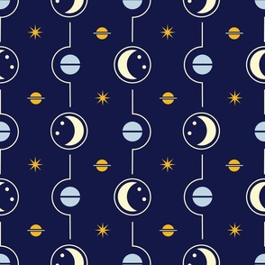 (M) Celestial night sky - moon and jupiter stripes midnight blue