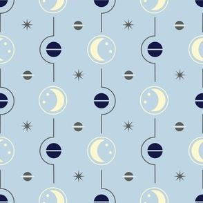 (M) Celestial night sky - moon and jupiter stripes serenity blue