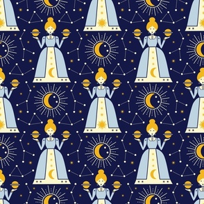 (M) Celestial women bathing in moonlight midnight blue
