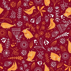 Whimsical Christmas Birds And Flowers in saffron yellow and white on cranberry red