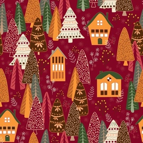 Christmas forest and funny houses in saffron yellow, red, pink, green, orange, brown on bright red background