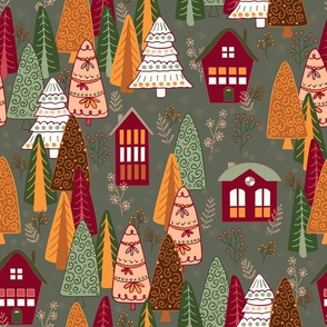 Christmas forest and funny houses in saffron orange, red, pink, green, brown on rosemary green background