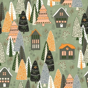 Christmas forest and funny houses in saffron orange, green, brown, white, rosemary green on laurel green background