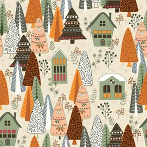 Christmas forest and funny houses in saffron orange, green, brown, smokey blue on cornsilk white background