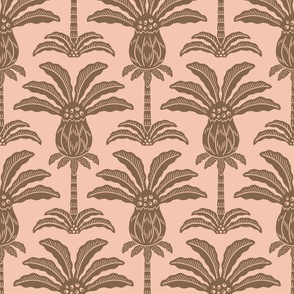 Mysterious palm tree block print - salmon and dark brown - large scale