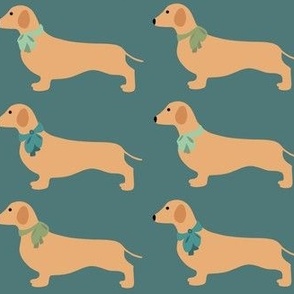 Dachshunds With Green Bows on Teal 