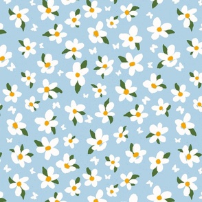 Cottagecore soft  happy ditsy  daisy and butterfly on sky blue background 15in 