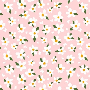 Cottagecore soft  happy daisy ditsy  and butterfly on sky baby pink background 15in