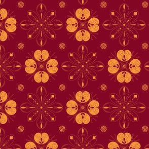 Geometric Christmas snow flake mandala - saffron orange on cranberry red