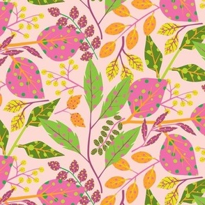 Botanical Leaves with Spots - green, pinks and orange