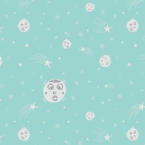 Small - Moon Surprise in Space with Meteors and Stars on Pastel Arctic Blue