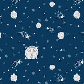 Small - Moon Surprise in Space with Meteors and Stars on Navy Blue