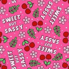 Medium Scale Sweet But Sassy Red Cherries and Daisy Flowers on Dark Pink