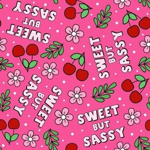 Large Scale Sweet But Sassy Red Cherries and Daisy Flowers on Dark Pink