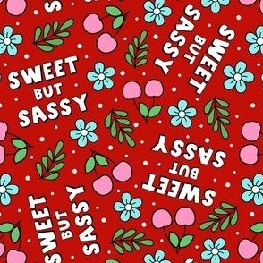 Medium Scale Sweet But Sassy Pink Cherries and Daisy Flowers on Red