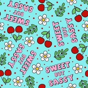 Large Scale Sweet But Sassy Red Cherries and Daisy Flowers on Blue