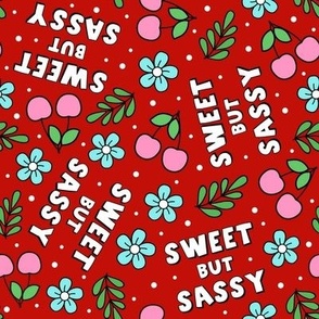 Large Scale Sweet But Sassy Pink Cherries and Daisy Flowers on Red