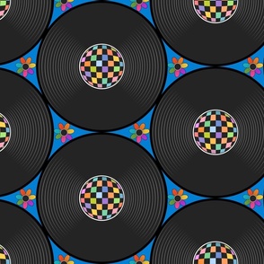 retro music-on blue- vintage vinyl records with groovy checkered rainbow center