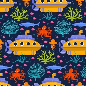 underwater submarine- on navy blue- colorful marine sea ocean life undersea world  aquatic design with sharks octopus corals seaweed fishes jellyfish and bubbles