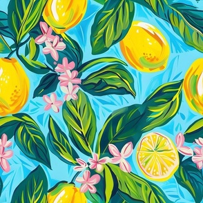 Preppy lemons and lemon blossom on bright turquoise