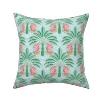 tropical playful monkeys/coral and green on mint/medium