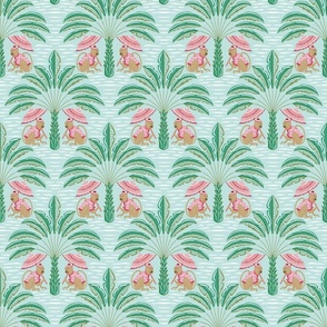 tropical playful monkeys/coral and green on mint/medium