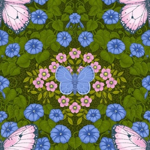 Butterflies and flowers symmetry, pink, blue, green 