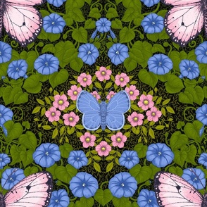 Butterflies and flowers symmetry, pink, blue and green on black