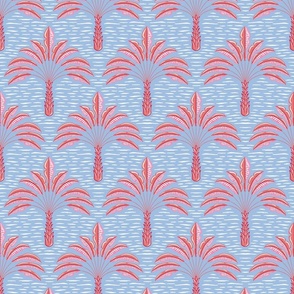 tropical playful palms/coral and pink on blue/medium