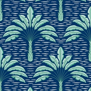 tropical playful palms/green on dark blue/large