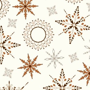 Delicate snow flakes in different sizes toss print - burnt orange and mahogany brown on white background 