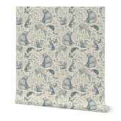 Forest Fauna and Wildflower Toile - blue on cream, medium 