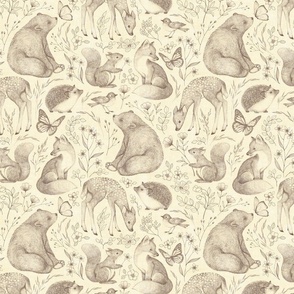 Forest Fauna and Wildflower Toile - brown on yellow cream, medium 