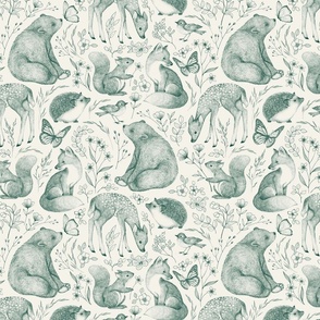 Forest Fauna and Wildflower Toile - pine green on cream, medium 