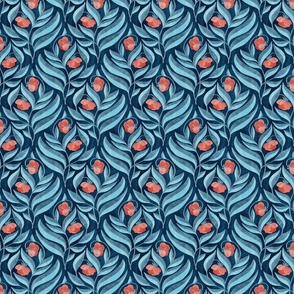 Flowing Floral in Elegant Dark Blue and Soft Red - Small