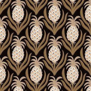 (M) Hollywood Pineapple Party - hand-drawn bold graphic pineapples - sepia gold on black