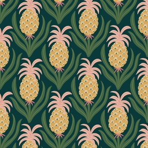 (M) Hollywood Pineapple Party - hand-drawn colorful graphic pineapples - yellow and pink on deep green