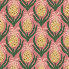 (M) Hollywood Pineapple Party - hand-drawn colorful graphic pineapples - yellow and pink on raspberry