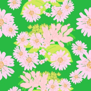 Bouquet Daisy Flower Bunch In Pastel Pink With Chartreuse Green Leaves And Citrus Orange Accents On Deep Grass Green Retro Modern Grandmillennial Country Farmhouse Garden Cottagecore Repeat Floral Pattern
