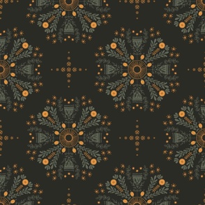 Delicate Christmas floral mandalas - snow flakes and stars in saffron orange and rosemary green on black background