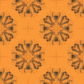 Delicate Christmas floral mandalas - snow flakes and stars in brown and black on bright saffron orange background