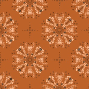 Delicate Christmas floral mandalas snow flakes and stars - peach fuzz and dark brown on burnt orange background