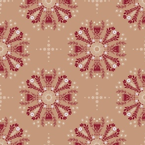 Delicate Christmas floral mandalas - snow flakes and stars in white and cranberry red on caramel taupe brown background