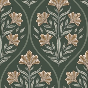 (L) Art deco glamour- cream and green floral damask- vintage- green background large scale