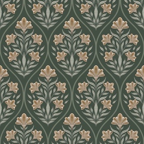 (M) Art deco glamour- cream and green floral damask- vintage- green background medium scale