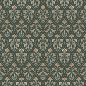 (S) Art deco glamour- cream and green floral damask- vintage- green background small scale