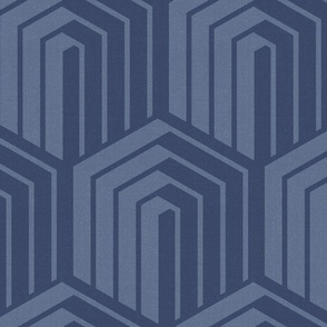 Optical illusion 3d isometric cubes with stripes (large) in dark blue and soft blue for simple minimalist, bold boho or classic luxurious interior and suitable for masculine audience