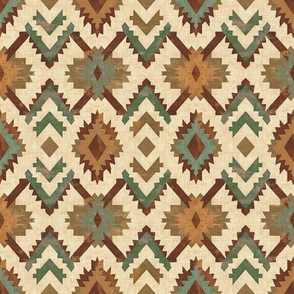 Woven Verdigris Green Sepia Tan  Native American Blanket Aztec Southwest Inspired Design with Geometric Diamond Patterns