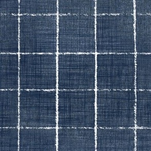 Hand Drawn Checks on Navy Blue (2 inch/5cm squares) | Rustic fabric in dark blue and white, linen texture checked fabric, windowpane fabric, tartan, plaid, grid pattern, squares fabric.