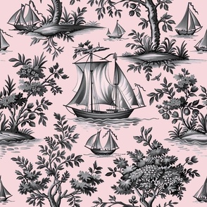 Anchor’s Aweigh Toile – Charcoal on Pink Wallpaper